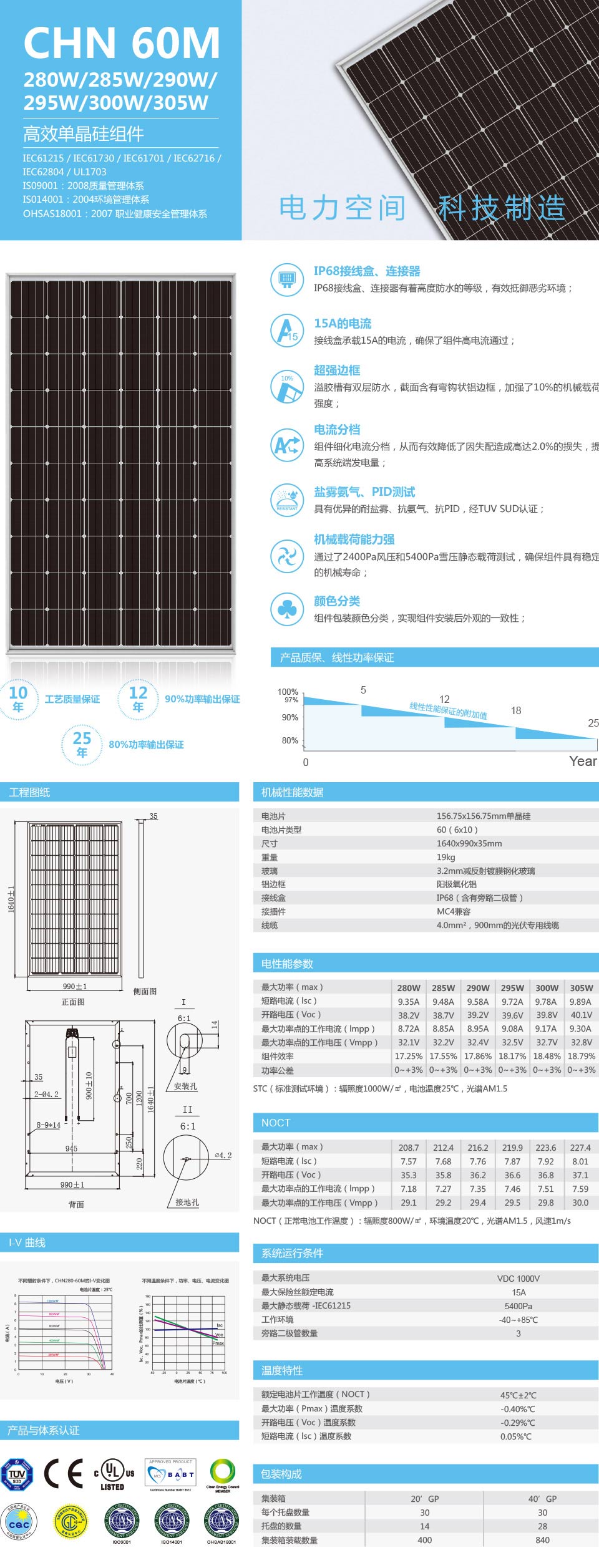 高效单晶280/285/290/295/300组件