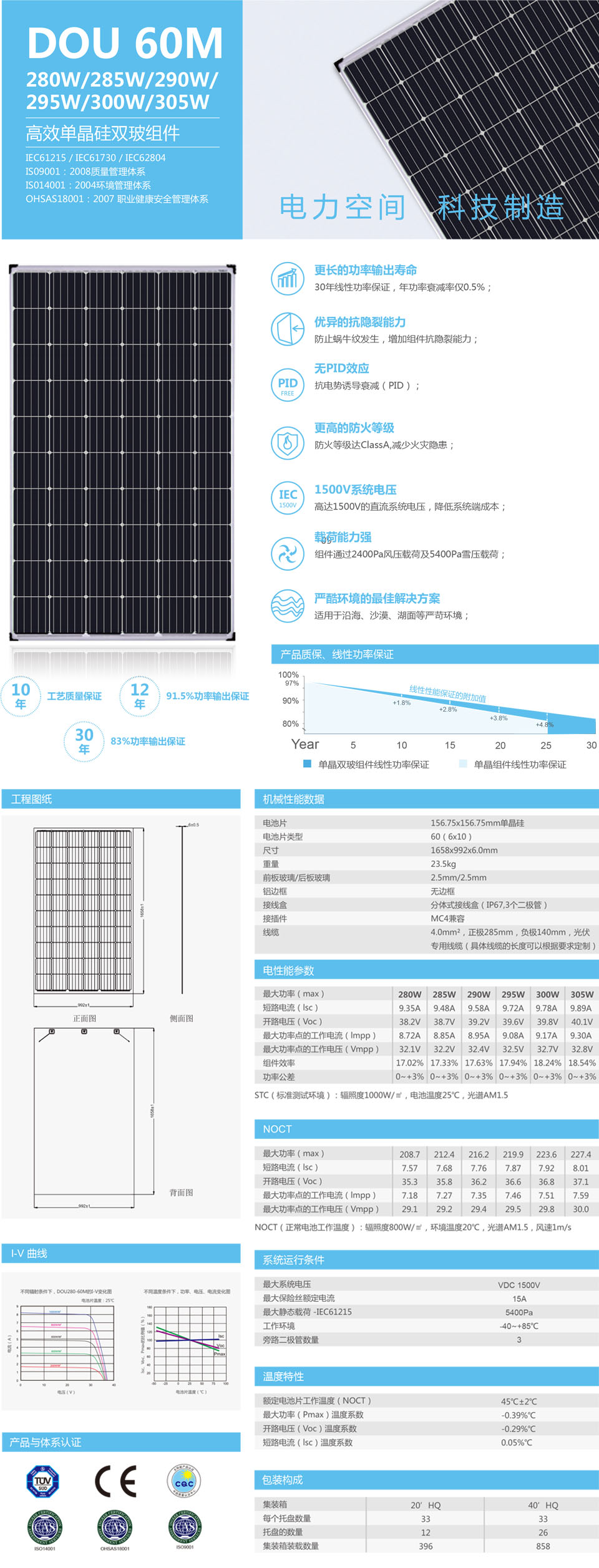 高效单晶280/285/290/295/300/305双玻组件